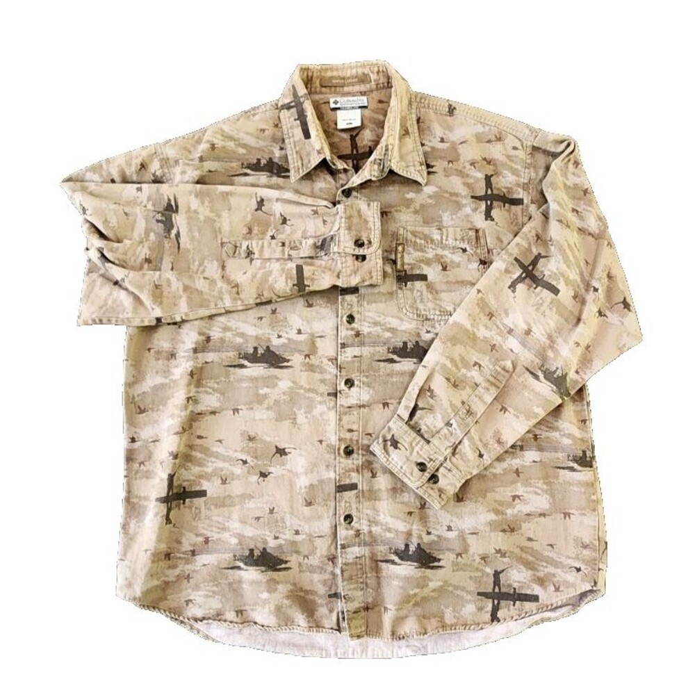 Columbia River Lodge Shirt Men's XL Long Sleeve Button Down Khaki Duck Hunting